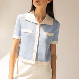 OAK + FORT Light Blue and Cream Short-Sleeve Button-Down Knit Top
